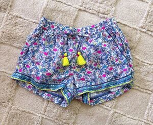 Vineyard Vines Flamingo Print Linen Pull-On Shorts Womens XS Tassel Embroidered